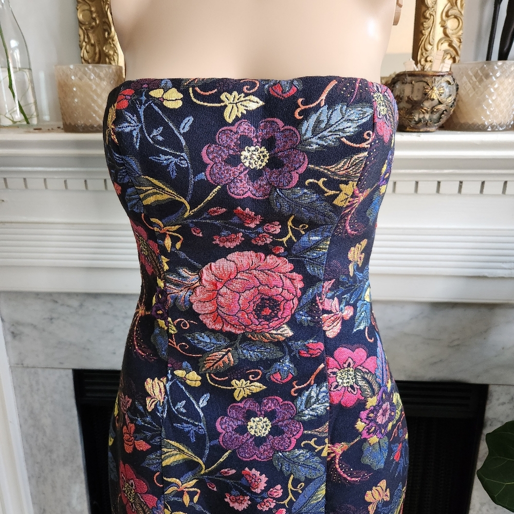 Bebe Black Mini Brocade Dress Sz 4 Floral Strapless Party Metallic Dark Romantic - Picture 10 of 11